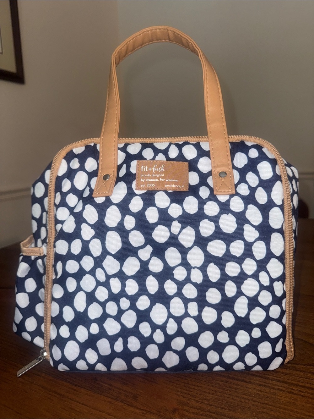 Navy and White Dot Tote with Tan Handles lunch box